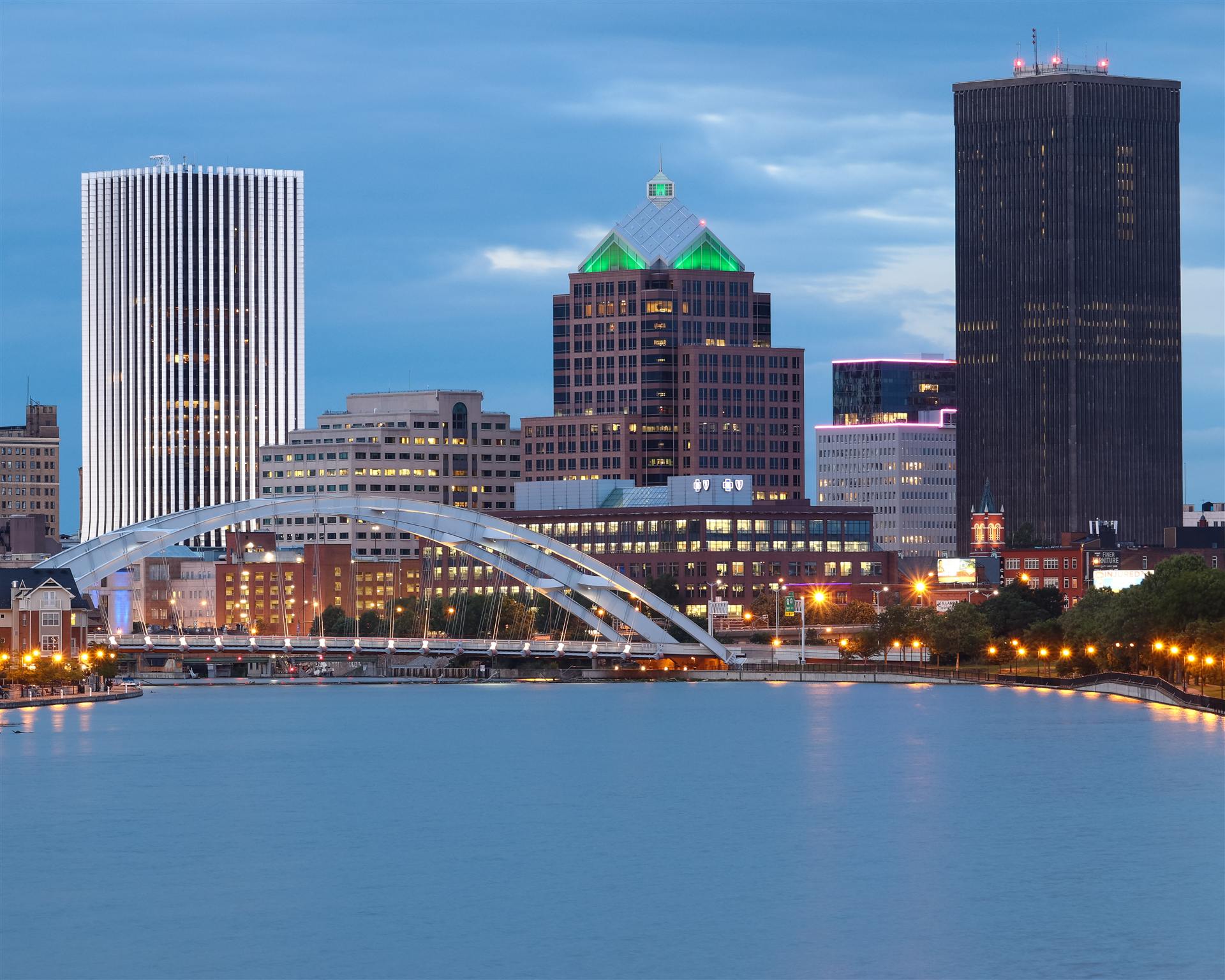 Skyline of Rochester, New York at dusk